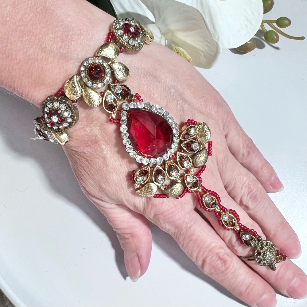 Free People Ruby Brass Beaded Ethnic Boho Bracelet Ring New